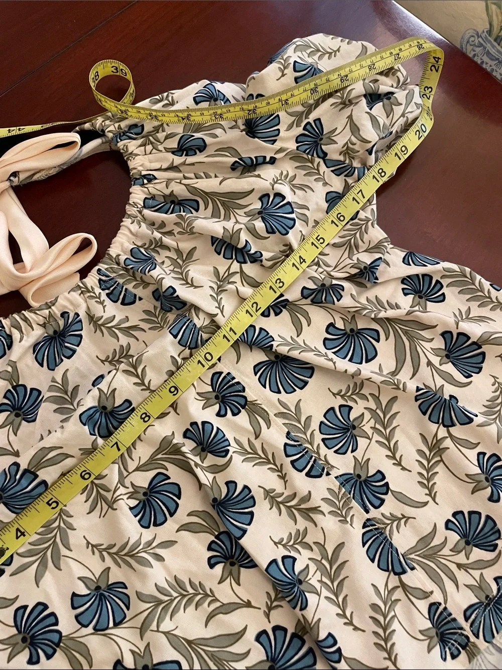 LOFT Outlet Cream Blouse with Blue Floral Print Scoop and Bow Back